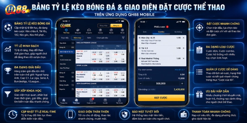 Bảng tỷ lệ kèo bóng đá và giao diện đặt cược thể thao QH88 mobile
