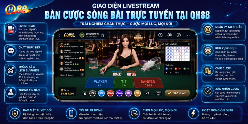 Giao diện livestream bàn cược sòng bài trực tuyến tại QH88 di động