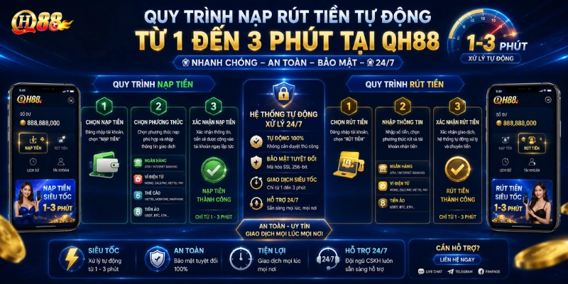 Quy trình nạp rút tiền tự động từ 1 đến 3 phút tại hệ thống QH88